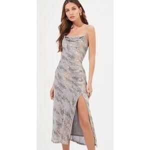 ASTR the Label Hollywood Sequin Midi Dress M Silver Pink Party